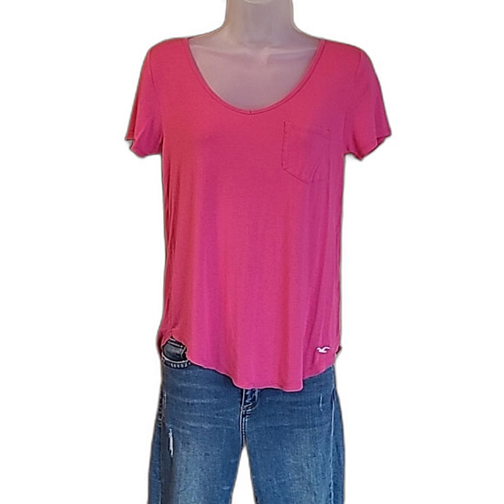 Hollister Logo Pink Tee Top High Low Hem Scoop Neck T Shirt Casual Flowy Blouse